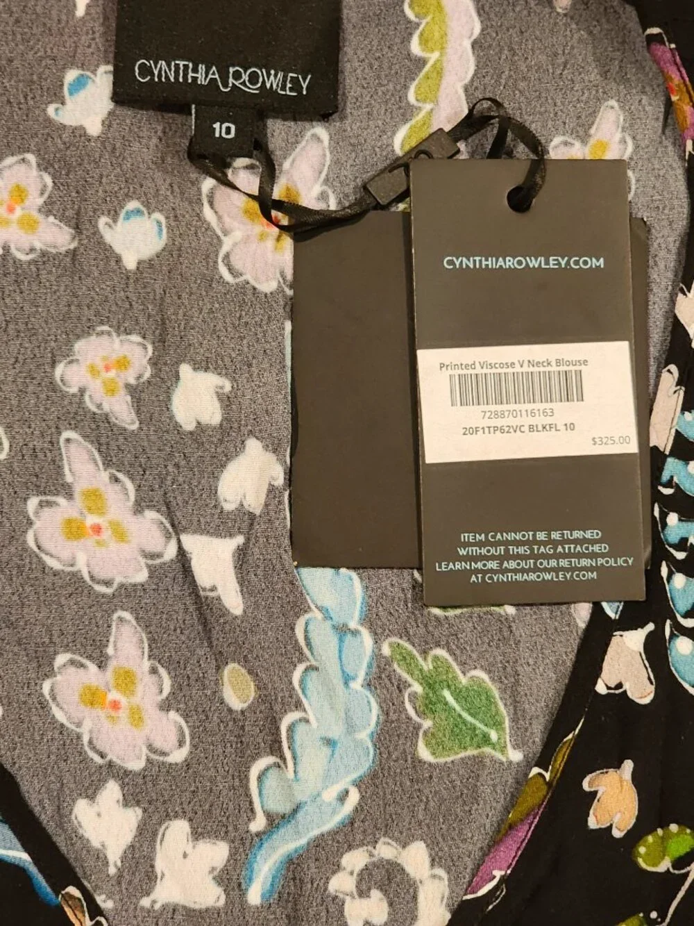NWT CYNTHIA ROWLEY Women Blouse Black Printed Viscose V-Neck Peplum - Size 10